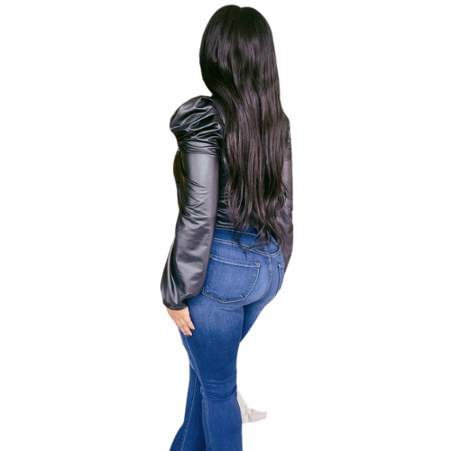 Black, faux leather, tie blouse, no closure and long sleeves. This blouse stops high above the waist and can had a touch of class to any outfit.